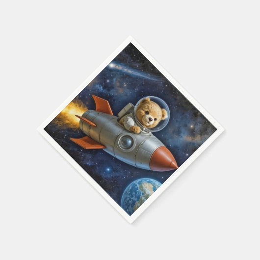 Serviette En Papier Teddy Bear Flying In a Rocket Ship (Coin)