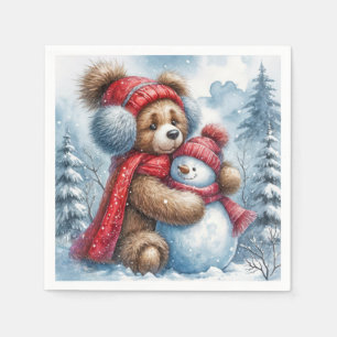 Serviette En Papier Teddy Bear frappe un Snowman