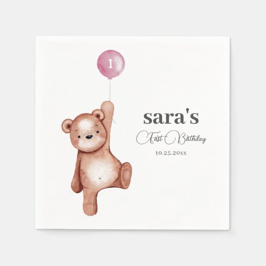 Serviette En Papier Teddy Bear Girl First Birthday Party (Devant)