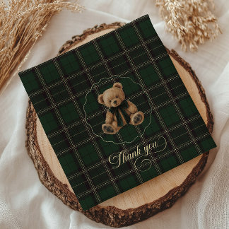 Serviette En Papier Teddy Bear Green Tartan Baby Shower