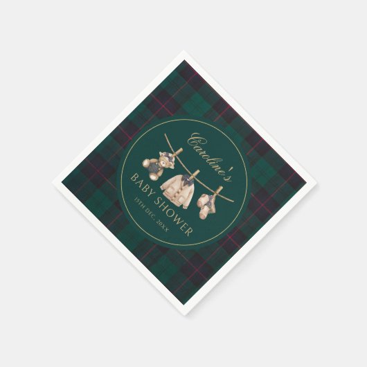 Serviette En Papier Teddy Bear Green Tartan Baby Shower Napkins (Coin)