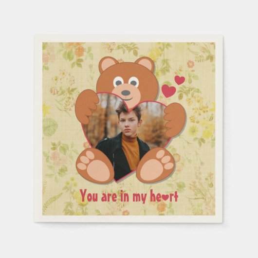 Serviette En Papier Teddy Bear Holding Heart Photo Saint-Valentin (Devant)