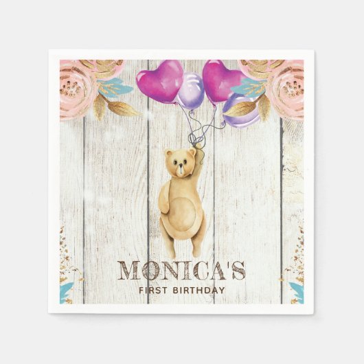 Serviette En Papier Teddy Bear personnalisé Anniversaire rustique (Devant)