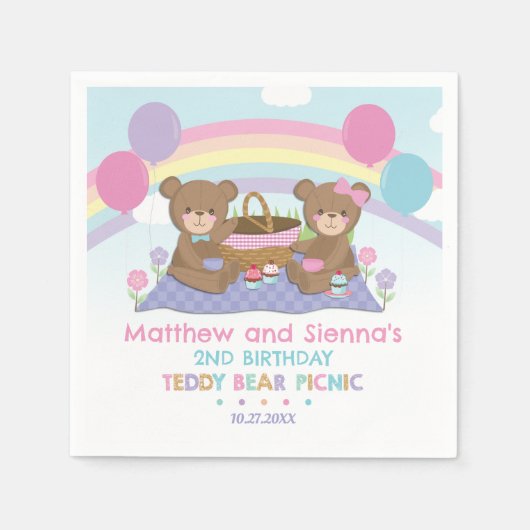 Serviette En Papier Teddy Bear Pique-nique Rainbow Twins Garçon Fille  (Devant)