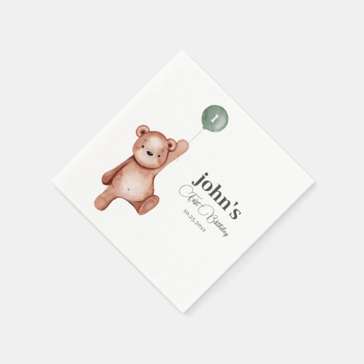 Serviette En Papier Teddy Bear Sage Green Première fête d'anniversaire (Coin)
