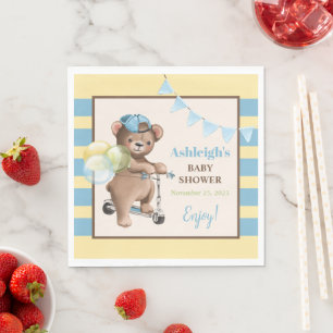 Serviette En Papier Teddy Bear sur Scooter, Baby shower rayé