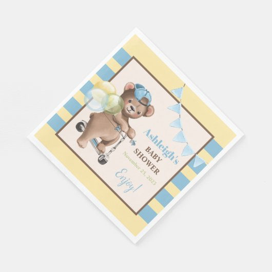 Serviette En Papier Teddy Bear sur Scooter, Baby shower rayé (Coin)