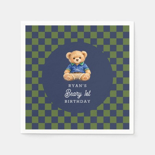 Serviette En Papier Teddy Beary 1st Birthday Checkboard Paper Napkin (Devant)