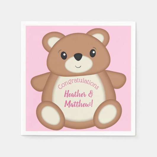 Serviette En Papier Teddy Ours Baby shower Rose fille (Devant)