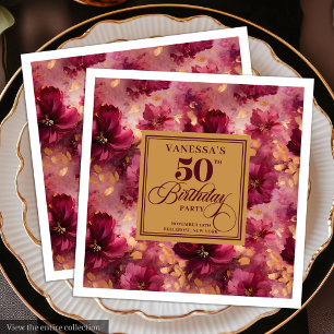 Serviette En Papier Tendance Bohème Rouge Foncé Blush Doré 50e Anniver
