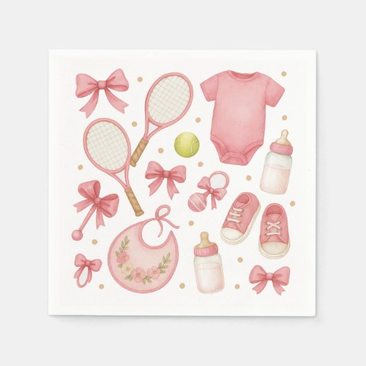 Serviette En Papier Tennis Baby Girl en Pink thème avec raquette (Devant)