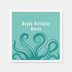 Serviette En Papier Tentacles d'octopus blanc et aqua personnalisés