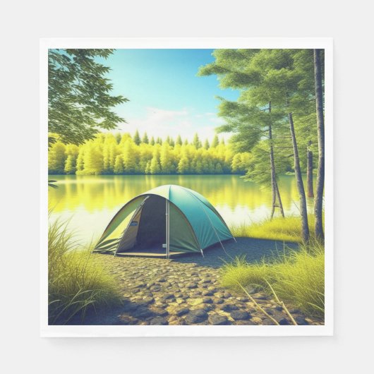 Serviette En Papier Tente dans une belle forêt au bord d'un lac (Devant)