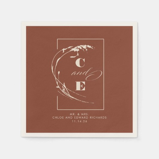 Serviette En Papier Terracotta et Ecru Moderne Mariage Monogramme (Devant)