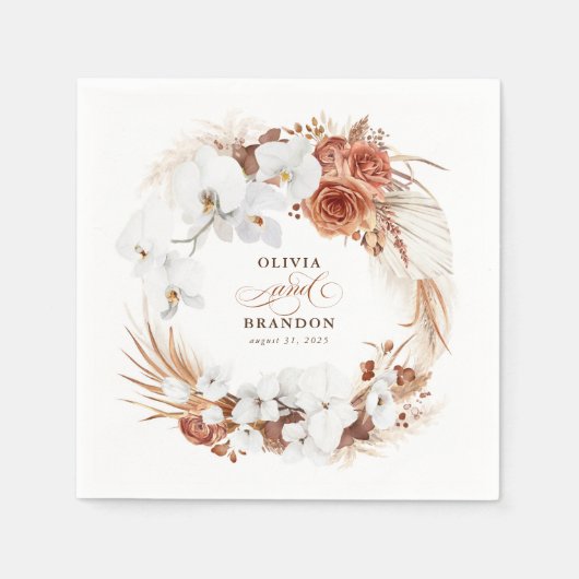 Serviette En Papier Terracotta et fleurs blanches Boho Elégant mariage (Devant)