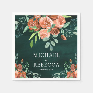 Serviette En Papier Terracotta Florale Orange Brûlé Mariage Émeraude