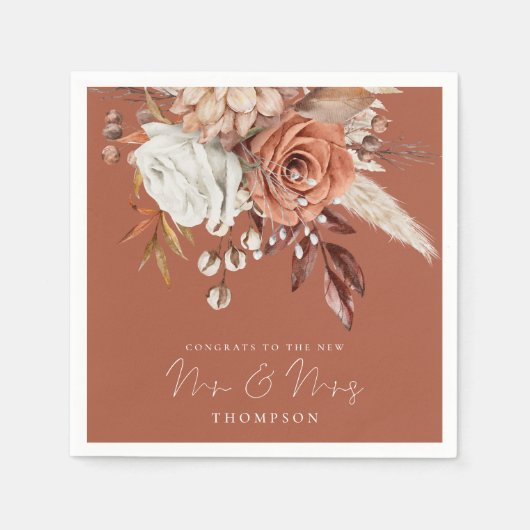 Serviette En Papier Terracotta Florals Félicitations M. Mme Brown Mari (Devant)