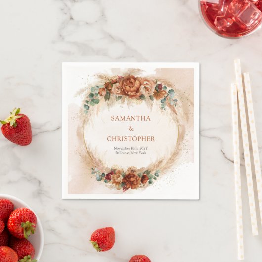 Serviette En Papier Terracotta tendance fleurs bordeaux verdure pampas (En situation)