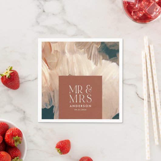 Serviette En Papier Terracotta turquoise M & Mme mariage peintre moder (En situation)