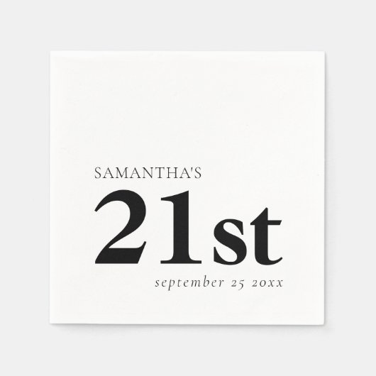 Serviette En Papier Texte noir personnalisé moderne 21e Nom Date (Devant)