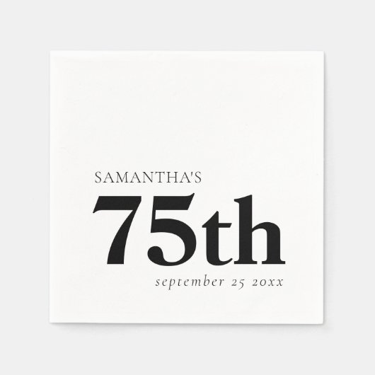 Serviette En Papier Texte noir personnalisé moderne 75e Nom Date (Devant)