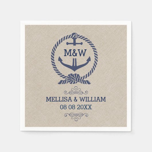 Serviette En Papier Texture de lin et design Mariage d'Ancre de bateau (Devant)