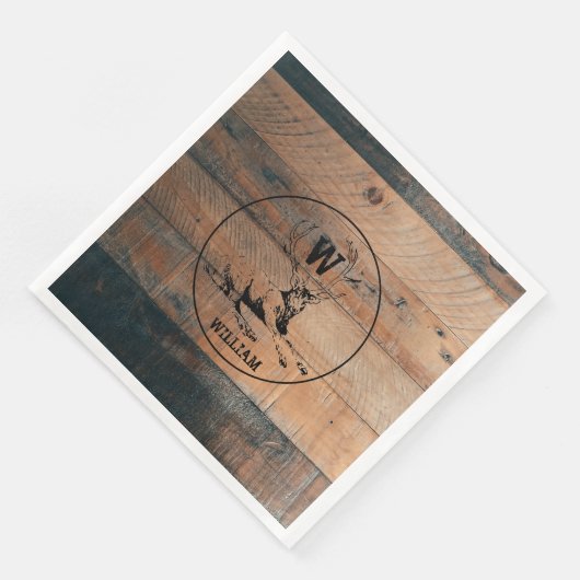 Serviette En Papier Texture en bois rustique et monogramme de cerfs su (Coin)