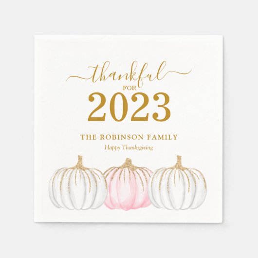 Serviette En Papier Thanksgiving Citrouille Gold Script personnalisé (Devant)