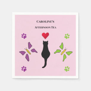 Serviette En Papier Thé à la rose chic avec chat noir et papillons
