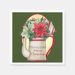 Serviette En Papier Théière à l'ancienne avec Noël poinsettias