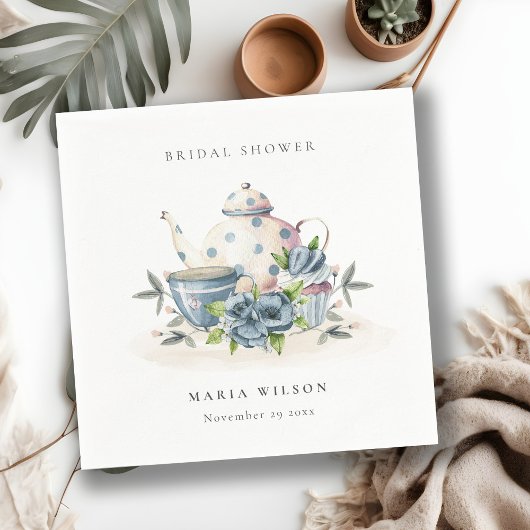 Serviette En Papier Théière et tasses florales bleu aqua mignonnes pou