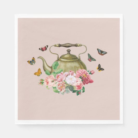 Serviette En Papier Théière Fête Rose Fleurs et Papillons (Devant)