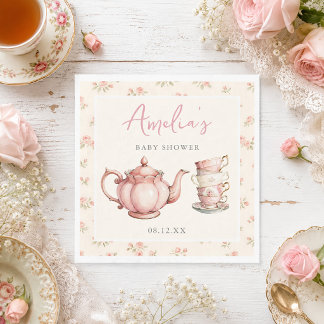 Serviette En Papier Théière florale et tasses à thé Rose Baby Shower