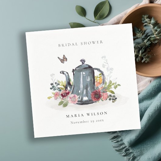 Serviette En Papier Théière Florale Roses Joyeuses Fête de Mariage