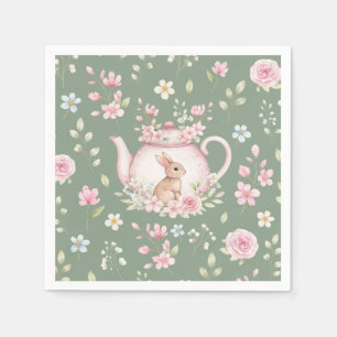 Serviette En Papier Théière Lapin Mignon Floral Rose Vert Sauge Printe