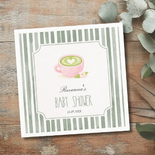 Serviette En Papier Thème Baby Shower au thé matcha rayé vert sauge vi