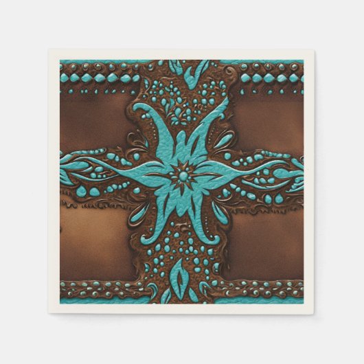 Serviette En Papier Thème Cowboy Rustique Turquoise Marron Fête Occide (Devant)