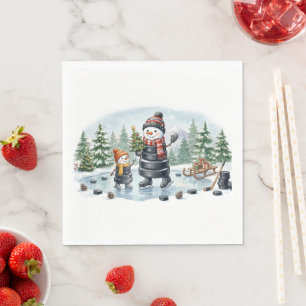 Serviette En Papier Thème de fête de bonhomme de neige de hockey