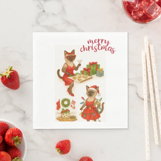 Serviette En Papier Thème de Noël de chat de Siamese (En situation)