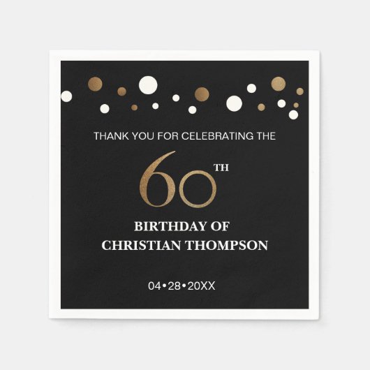 Serviette En Papier Thème or et noir 60ème anniversaire (Devant)