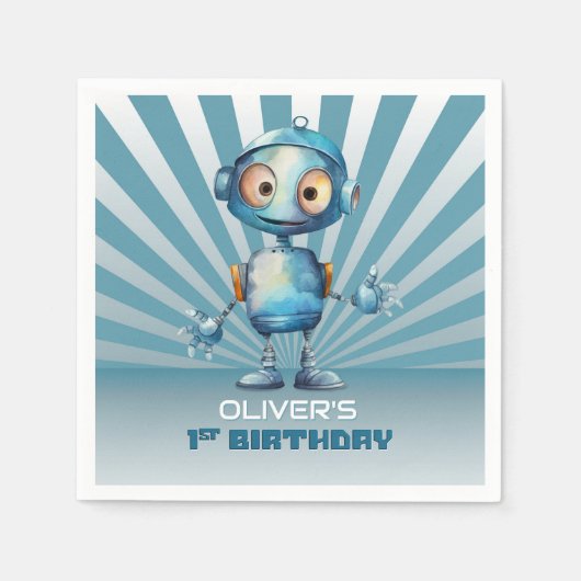 Serviette En Papier Thème Robot Bleu 1er Anniversaire (Devant)