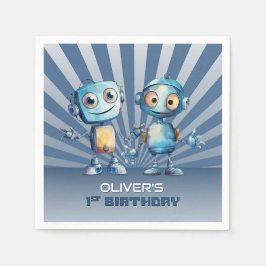 Serviette En Papier Thème Robot Bleu Rétro 1er Anniversaire (Devant)