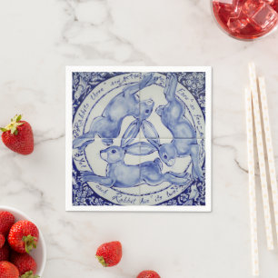 Serviette En Papier Three Hares Rabbit Blue et White Medallion Bird