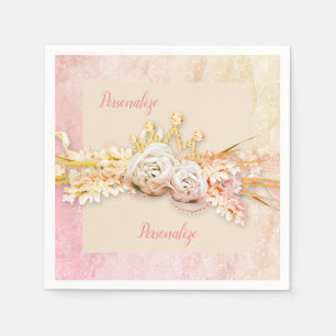 Serviette En Papier Tiara rose diamant et nappe en dentelle rose