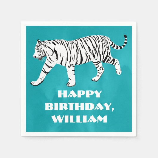 Serviette En Papier Tigre blanc Turquoise, bleu turquoise Personnalisé (Devant)