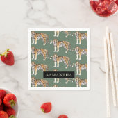 Serviette En Papier Tigres d'aquarelle verte tropicale Motif avec nom (En situation)