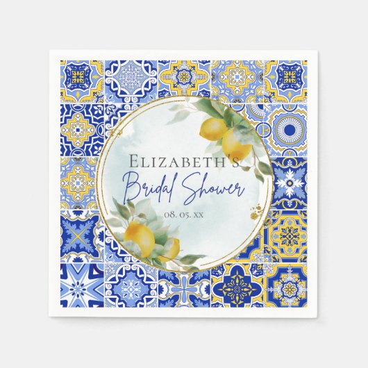 Serviette En Papier Tiles Bleus Italiens Grecs Citrons Shower Nuptial (Devant)