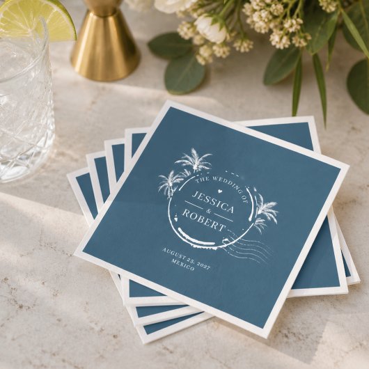Serviette En Papier Timbre de mariage côtier bleu moderne