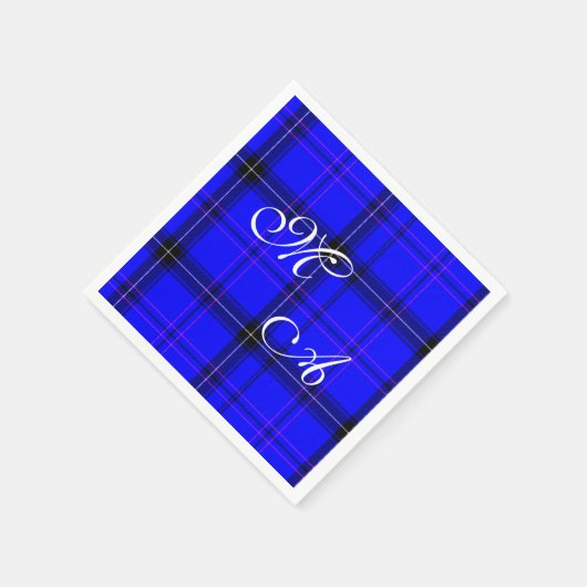 Serviette En Papier Tissu Tartan Bleu Écossais Avec Monogramme (Coin)
