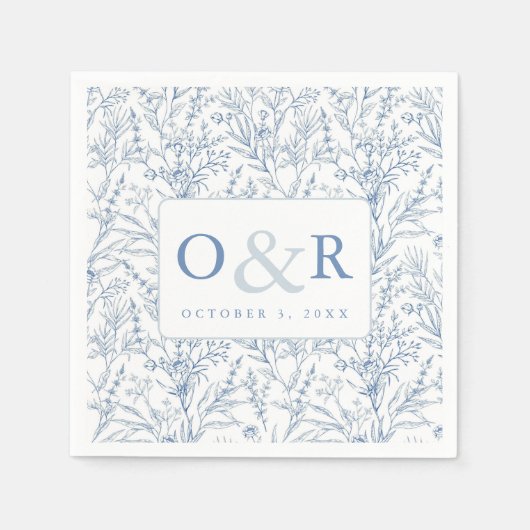 Serviette En Papier Toile Bleu & Blanc Français Floral Monogramme serv (Devant)